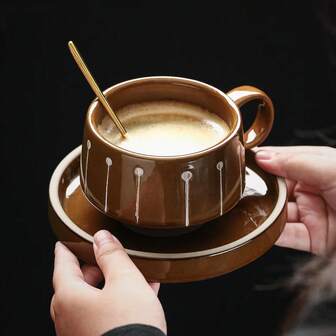 Caneca de Cerâmica Listrada Desenhada à Mão Simples, Xícara de Presente Criativa Multicolorida, Copo de Água Prático para Casa, Xícara de Café e Pires