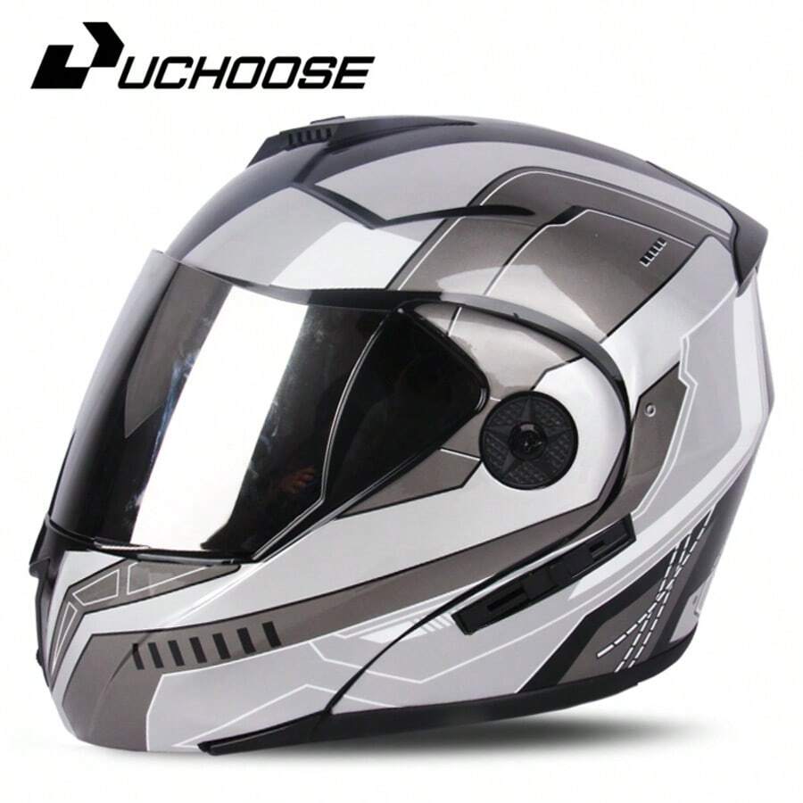 Matte Black Motorcycle Flip-Up Helmet, All-Season Use - Silver - View 1