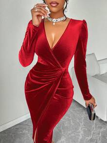 AIJ Amarilo Women's Deep V-Neck Puff Sleeve Wrap Hem Velvet Dress - Red - View 6