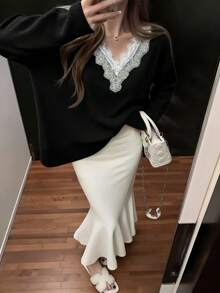Áo len nữ For Love & Bella mùa thu/đông kiểu dáng thanh lịch, dễ thương, phối ren đính đá, cổ chữ V, tay dài, chất liệu mềm mại, ấm áp, thích hợp cho các hoạt động mùa thu/đông, áo len thời trang mùa đông Giáng sinh, phù hợp cho hẹn hò, công sở, đám cưới và các dịp khác. - màu đen - Xem 8