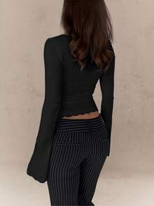 Áo kiểu dài tay cổ chữ V thắt nơ phía trước, viền ren hoa gợi cảm dành cho nữ, màu đen, mùa xuân. - màu đen - Xem 7