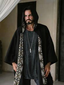 男士波西米亚风连帽斗篷 - 黑色图案开襟斗篷，宽松艺术感外套，适合音乐节、波西米亚街头风和日常休闲穿搭 - 黑色 - 查看 2