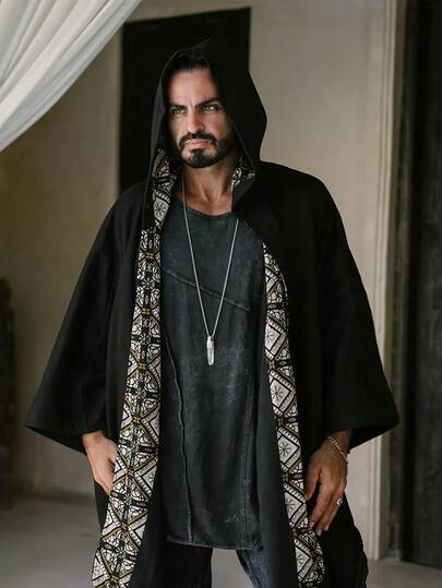 Men's Bohemian Hooded Cape - Black Pattern Open-Front Cloak, Loose-Fit Artistic Outerwear For Festival, Bohemian Street Style & Casual Daily Looks
