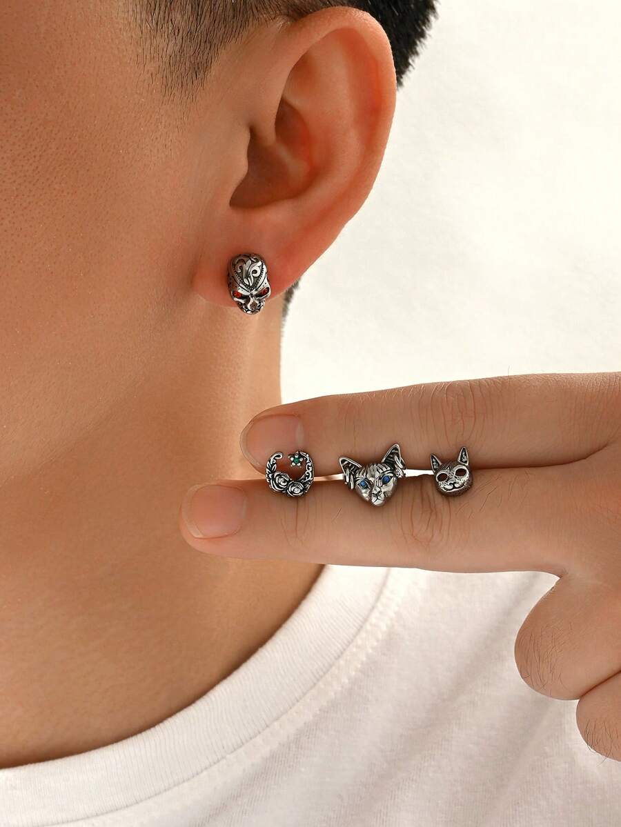 1pc Stainless Steel Punk Style Fox, Cat, Skull Design Earring For Men, Accessory For Party, Music Festival, Daily Wear - Multicolor - View 1
