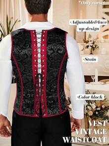 Mens Corset Vest, Victorian Floral Lace Up Waistcoat, Formal Sleeveless Steampunk Tops, Satin Style, Vintage Fashion, Gothic Appeal - 黑色勃根地花卉 - 查看 3
