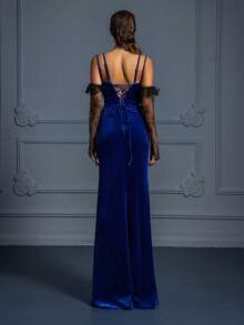 VIPGIRL Elegant High-End Lace Slit Maxi Evening Gown - Blue - View 2