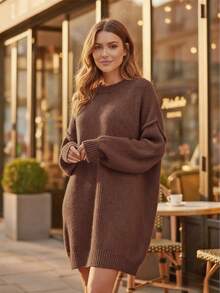 1pc Women Loose Solid Ribbed Knit Pullover Sweater Dress, Casual Everyday Wear, Autumn/Winter - Coffee Brown - View 4