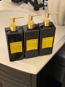 Set de 3 piezas, botellas de plástico recargables negras de 500ml, botellas vacías para champú, gel de baño y acondicionador, incluye 6 etiquetas de clasificación resistentes al agua - Negro - Ver 5