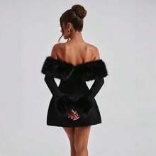 Luxury Winter Dress Elegant Off-Shoulder Faux Fur Trim Bodycon Midi Dress - High Waist Women's Party Dress For Christmas Holiday, Fall & Winter Evening Events - 黑色 - 查看 4