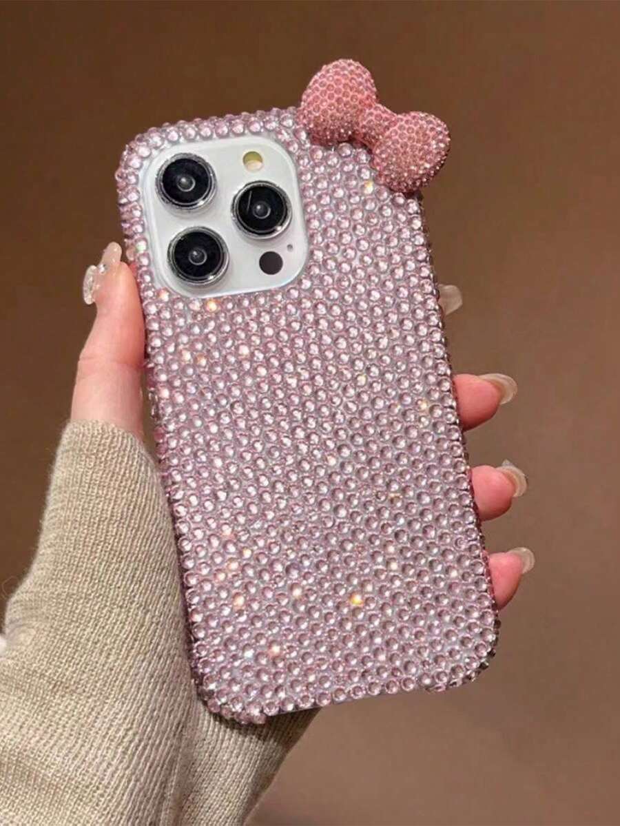 1pc Luxury Bling Rhinestone 3D Bow 17 Pro Max/16 Pro Max/15 Pro Max/14/13/12/11 Phone Case, Fashionable Korean Style Protective Cover