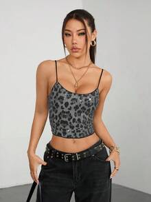 ATTRACO Women's Vintage Leopard Print Sequin Camisole Top Summer - Grey - View 6