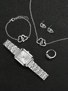 Bộ 6 đồng hồ quà tặng nữ có dây đeo bằng thép, đồng hồ đeo tay thạch anh mặt số La Mã vuông thời trang + Bộ trang sức hình trái tim (Không bao gồm hộp đựng đồng hồ) - Bạc - Xem 4