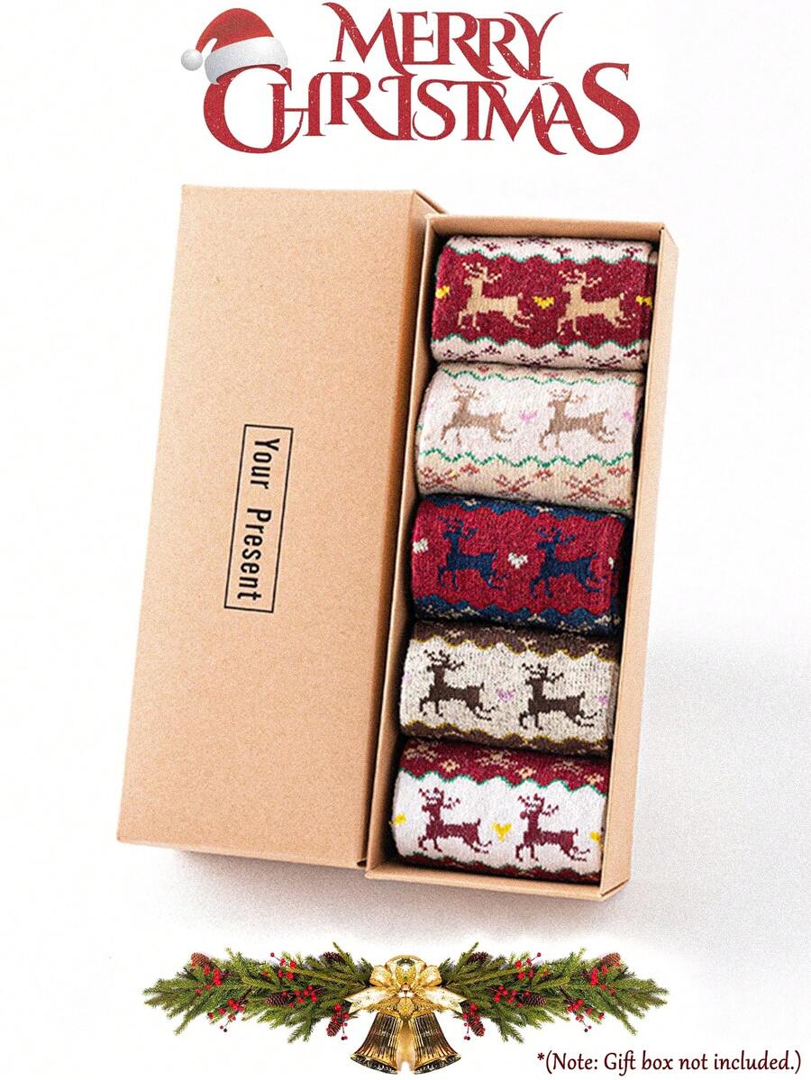 4 perechi de șosete de Crăciun pentru femei, până la jumătatea gambei, cu căptușeală din blană, cu model de reni (fără cutie cadou). Căptușeală îngroșată și pufoasă pentru vreme rece, textură moale și confortabilă din lână, stil versatil de sărbători - cadoul perfect de Crăciun pentru familii. Livrare aleatorie, fără cutii cadou.