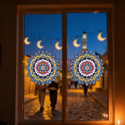 6 adesivos opcionais de adsorção eletrostática em estilo boêmio com padrões florais coloridos de mandalas circulares, adesivos reutilizáveis para decoração de casa, adequados para decoração de janelas/portas de vidro durante os festivais de Eid Al Fitr e Ramadã.