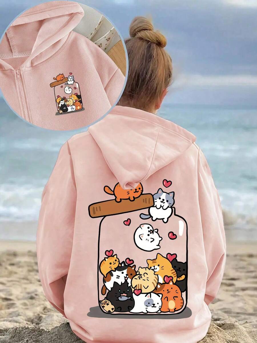 女童卡通小猫印花连帽外套长袖卫衣学生上衣女童秋冬装 - 粉色 - 查看 1