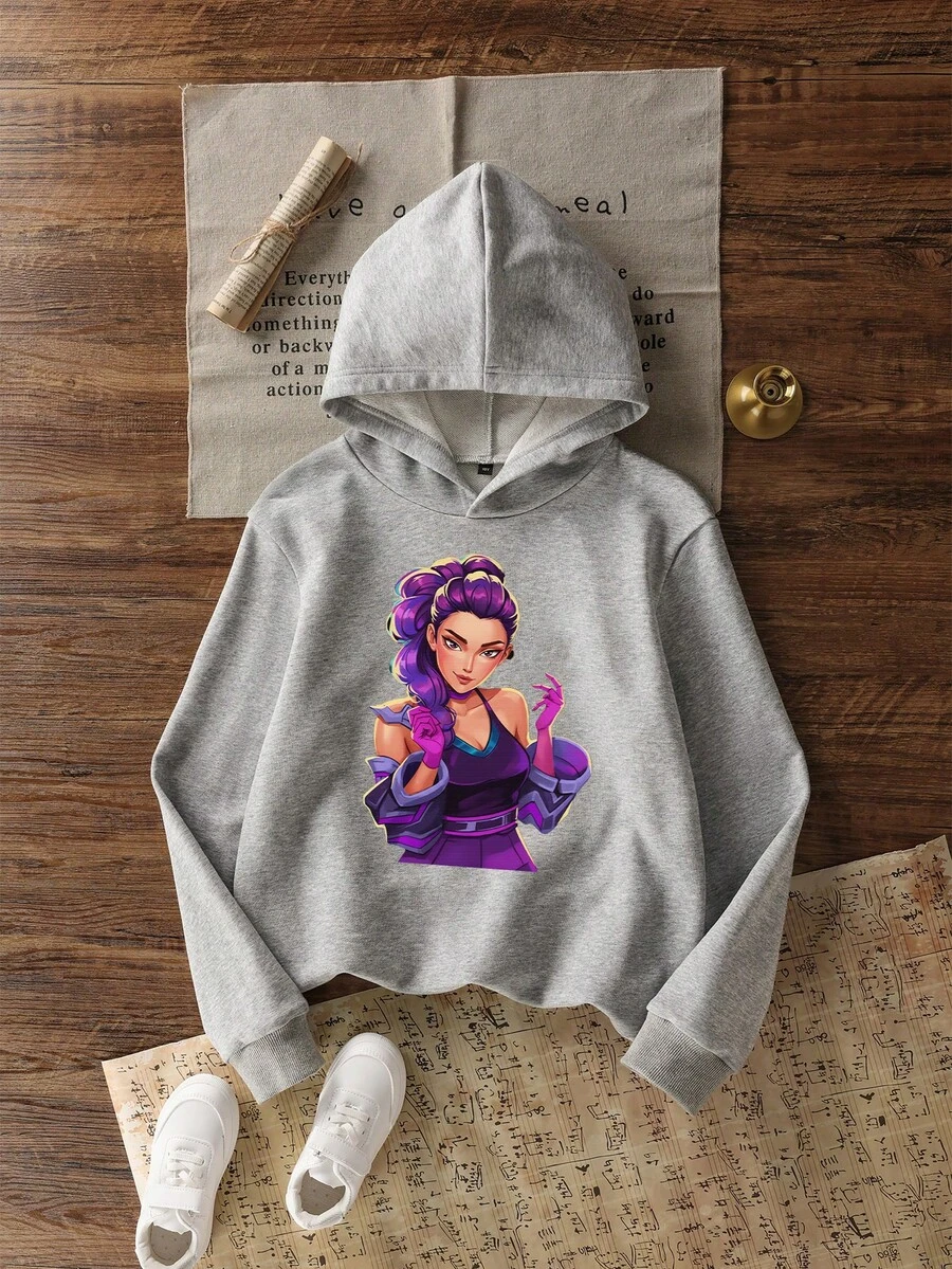 Tween Girl Graphic Print Thermal Lined Hoodie Sweatshirt, Warm & Comfortable For Autumn/Winter - Light Grey - View 1
