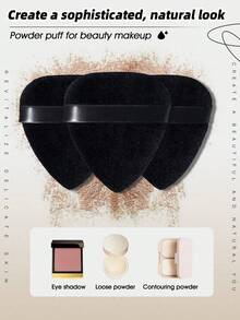 Set Spons Makeup Beludru Hitam 3 Buah, Spons Bedak Segitiga Besar Berbulu dengan Tali, Spons Makeup Wajah Profesional, Cocok untuk Alas Bedak dan Perona Pipi, Mudah Digunakan, Portabel, Terjangkau, Alat Makeup. - Hitam - View 5