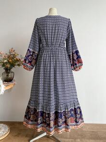 Rusttydustty Vestido largo vintage azul de estilo bohemio para fiesta del té para mujer de talla grande, con dobladillo contrastante - Azul - Ver 8