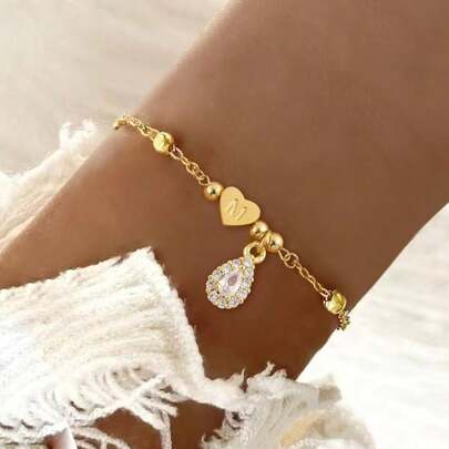 1 pieza Pulsera de acero inoxidable dorado con colgante de gota de agua con inicial de corazón clásico y circonita pavé