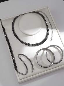 女士时尚项链、耳环、手链首饰套装，菱形图案，优雅百搭，适合派对、新娘、婚礼、情人节等场合佩戴 - 黑色 - 查看 3