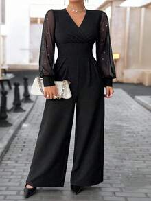 大码女式重叠V领网纱长袖阔腿优雅连体裤 黑色 春季 - 黑色 - 查看 1