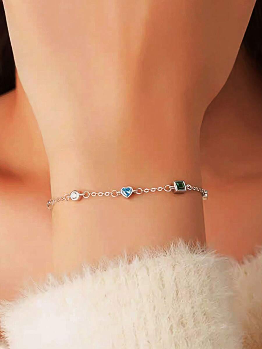 1条S925纯银小爱心手链，女士简约方形祖母绿锆石水滴轻盈奢华手链，个性化椭圆形手链礼品 - 方形 - 查看 1