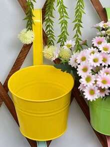 Hanging Flower Pot, Metal Iron Art Mini Planter Fence Bucket Flower Pot Holder For Balcony Garden Plant, Suitable For Home Decor