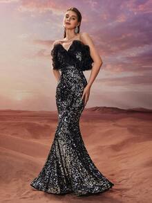 YISIKADO Vestido de gala brillante sin tirantes para mujer, vestido de sirena elegante con volantes de gasa con lentejuelas, adecuado para invitados de boda, baile de graduación, fiesta, ceremonia de graduación, vestido de noche formal para adultos - Plateado - Ver 5