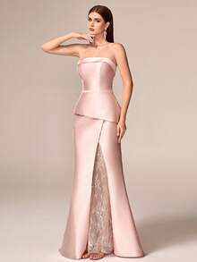Elisanya Gaun Maxi Tanpa Tali yang Elegan untuk Wanita, Menampilkan Renda Kontras dan Desain Belahan Tinggi, Kain Tenun, Cocok untuk Pesta Malam Formal - Baby Pink - View 6