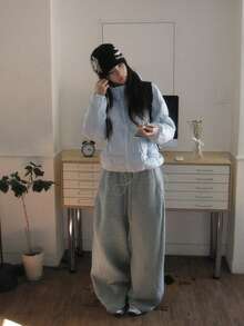 Loose Drawstring Sweatpants, Women's New Casual Wide Leg High Waist Trousers, Slimming - Grey - View 1