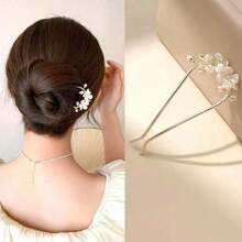 1pc New Camellia U-Shaped Hairpin For Women, Vintage Style High-End Metal Hair Stick For Updo, Headwear Accessory Boho,Gold Head Piece Valentine's Day Hair Bun Hair Bun Maker Bun Hair Piece Hair Styling Pins, School Stuff, Hair Accessories - 金色 - 查看 4