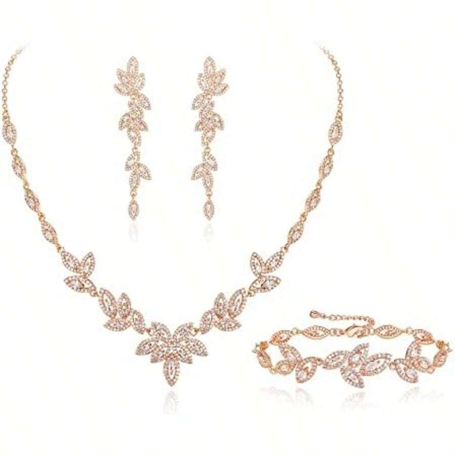EVER FAITH Conjunto de joyería nupcial de circonita cúbica para dama de honor, elegante collar de hoja de marquesa pendientes colgantes y pulseras para mujer(Latón chapado en oro rosa) - Multicolor - Ver 1