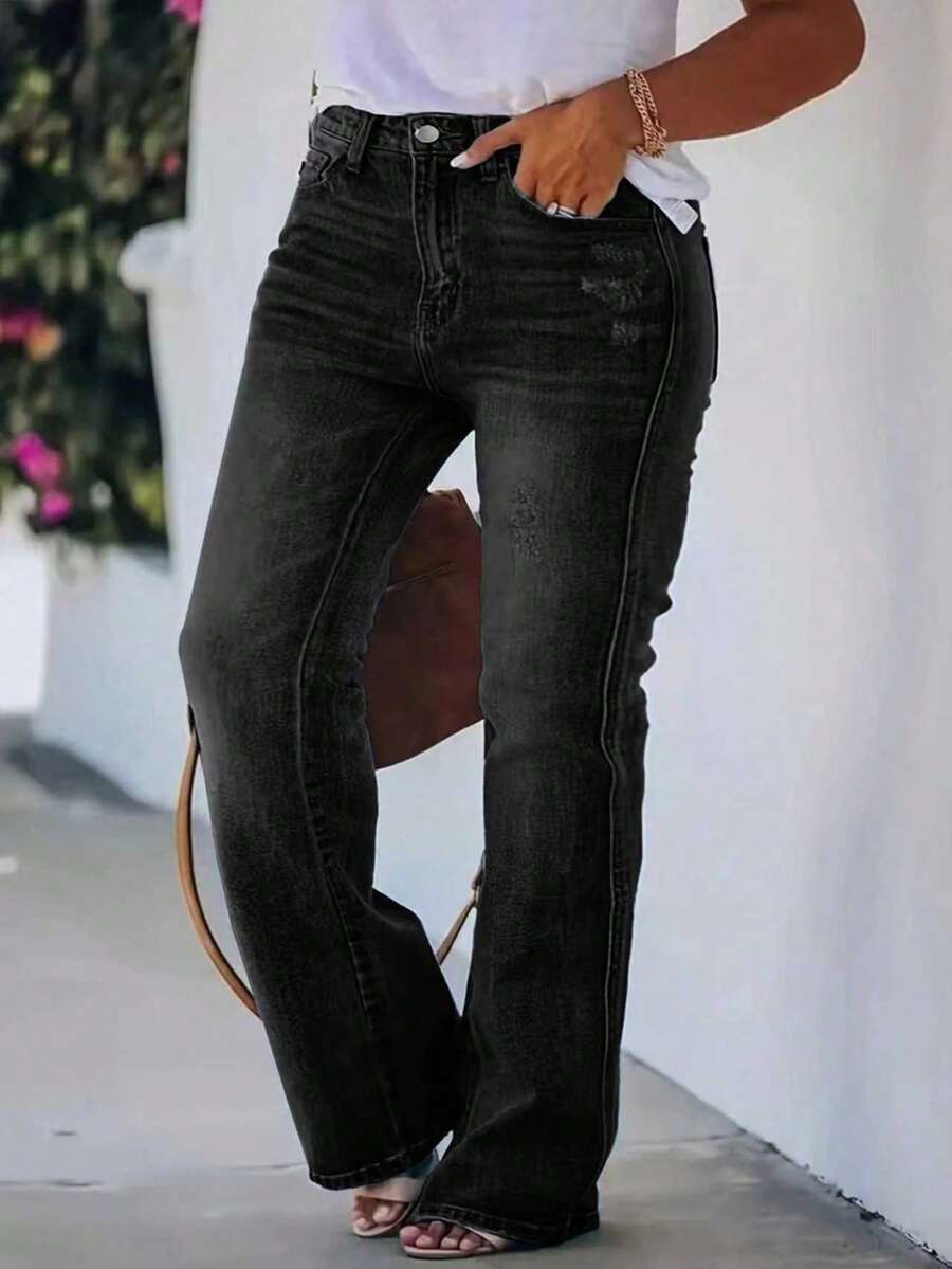 Quần jeans ống đứng dáng suông ARWY bằng vải denim mài, có túi và khóa kéo, chất liệu co giãn, dáng loe cỡ lớn dành cho nữ, phù hợp cho mặc hàng ngày, đi sân bay, du lịch, dự tiệc, nghỉ lễ, đi học, tháng Tự hào, Giáng sinh, và mọi mùa. Màu đen mùa xuân. - màu đen - Xem 1