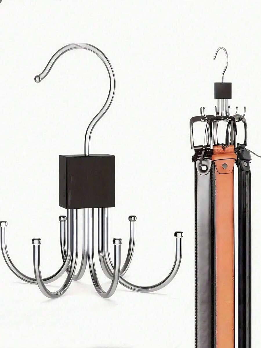 Organizador giratorio de 6 ganchos, base de madera, ganchos de acero, estante de almacenamiento multifuncional, plegable, compacto y portátil, 6 ganchos para colgar ropa, bufandas, cinturones, ropa interior, corbatas, adecuado para armario, perchero de entrada, esencial para volver a la escuela y el hogar - Multicolor - Ver 1