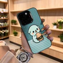 Cubierta de telefono con diseño de perro kawaii comiendo hamburguesa color turquesa con estrellas y rayas blancas para mujer estilo casual uso diario en floristeria Aplicable a los teléfonos de la serie Apple y Galaxy - Negro - Ver 4