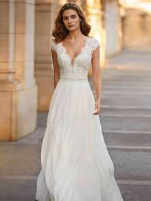 Enchantin V-Neck Lace Bodice Long Wedding Gown - Perfect For Christmas, Halloween, Weddings, Proms & Birthdays - 白色 - 查看 3