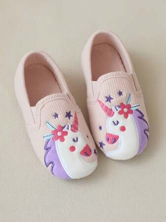 Girls' Unicorn Indoor Slippers With Star & Flower Decor, Quiet On Hardwood Floors, Closed-Toe, Suitable For Spring & Autumn