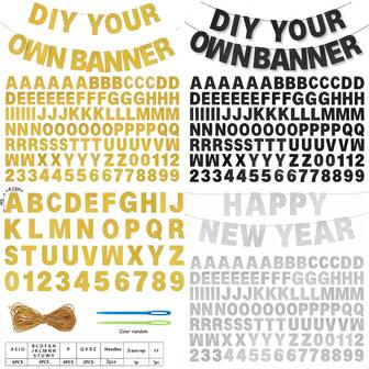 110件套DIY横幅套装，包含26个字母和多个数字，字母闪光，银色，可定制生日横幅、毕业横幅、派对悬挂横幅，适用于毕业典礼、婚礼派对、新娘送礼会、新年装饰