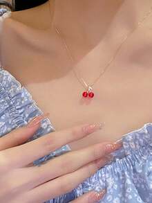 1件高品质奢华小众设计红樱桃吊坠项链 - 紅色 - 查看 2