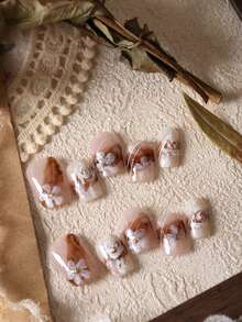 10片装美甲贴片，美甲用品，浅咖啡色、棕白玫瑰油画风格假指甲，短款，适合日常办公佩戴，人造指甲套装包含1张粘性贴片和1个迷你指甲锉。 - 彩色 - 查看 2