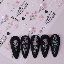 2 Sheets 3D Valentine's Day Sweet Romantic Floral & Heart Nail Art Stickers -Shinng Pink Flowers, Hearts, Black/White Heart & Floral Patterns Designs Nail Art Decals For Women DIY Holiday Nail Decoration - Pink - View 5
