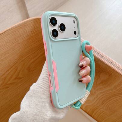 1pc 2-In-1 Dual Layer Anti-Scratch Anti-Fingerprint + Braided Wrist Strap Rugged Phone Case Compatible With Apple--MT...