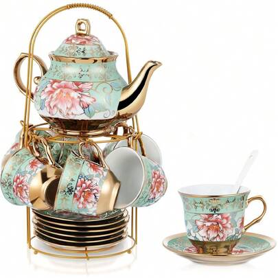 Conjunto de chá de porcelana de 5 peças com suporte de metal e colher, conjunto de chá de cerâmica para adultos, bule e xícaras de chá pintados com motivos florais em estilo europeu (4 xícaras e 1 bule)