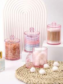 Pink Swab Organizer - 10 Oz. Stores Swabs, Dental Pads, Floss Picks, Etc. Includes A Pink Clear Plastic Medicine Bottle Set. Suitable For Bathroom Storage Or Vanity Cosmetic Organizers. - Pink - View 6