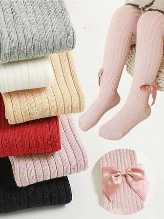 2pcs Girls Tights, New Fashion Solid Color Soft & Comfortable Leggings With Bow, Elastic & Suitable For All Seasons, Great For Daily Wear