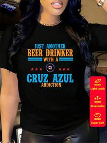 Camiseta de manga corta para mujer, cuello redondo, holgada, casual y versátil, nuevo estampado de CEMENTO CRUZ AZUL, ideal como capa base, tejido suave con buena caída - Negro-2 - Ver 2