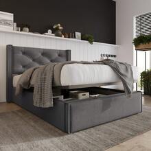 Upholstered Hydraulic Single Bed 90x200cm, Slatted Bed With Metal Frame, Modern Bed Frame With Storage Space, Cotton, Grey (With Mattress) - Grey - View 2