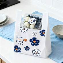 50pcs Printed Tote Bags, Blue Floral Pattern, Small Blue Floral Gift Bags, Cartoon Vest Bags, Thickened Shopping Bags, Supermarket Reusable Tote Bags, Packaging Bags, Plastic Packaging Bags, Jewelry Bags, Reusable Disposable Grocery Retail Bags, Suitable For Supermarkets, Restaurants And Daily Use.