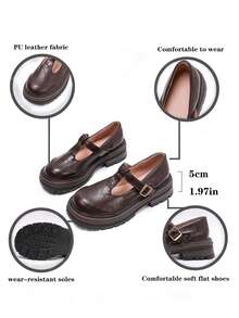Women's Mary Jane Platform Shoes, Brown, Preppy Style, Suitable For Office Formal Wear, Serrated Edges, Embossed Design, Everyday Wear, And All Seasons. - 棕色 - 查看 9