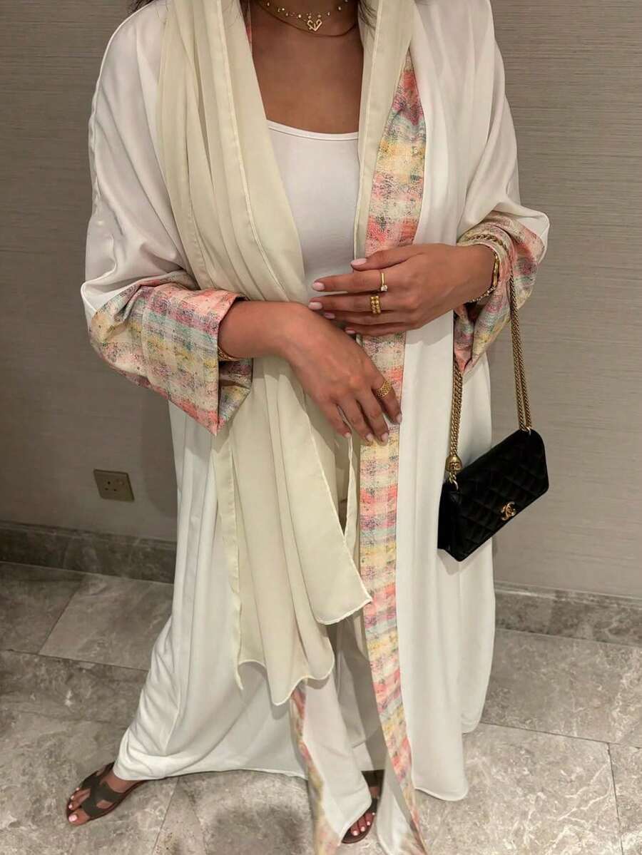 2件組女款優雅格紋印花拼接袖波希米亞夾克附頭巾,時尚復古阿拉伯風長袍開襟外套,白色秋季款 - 白色 - 查看 1